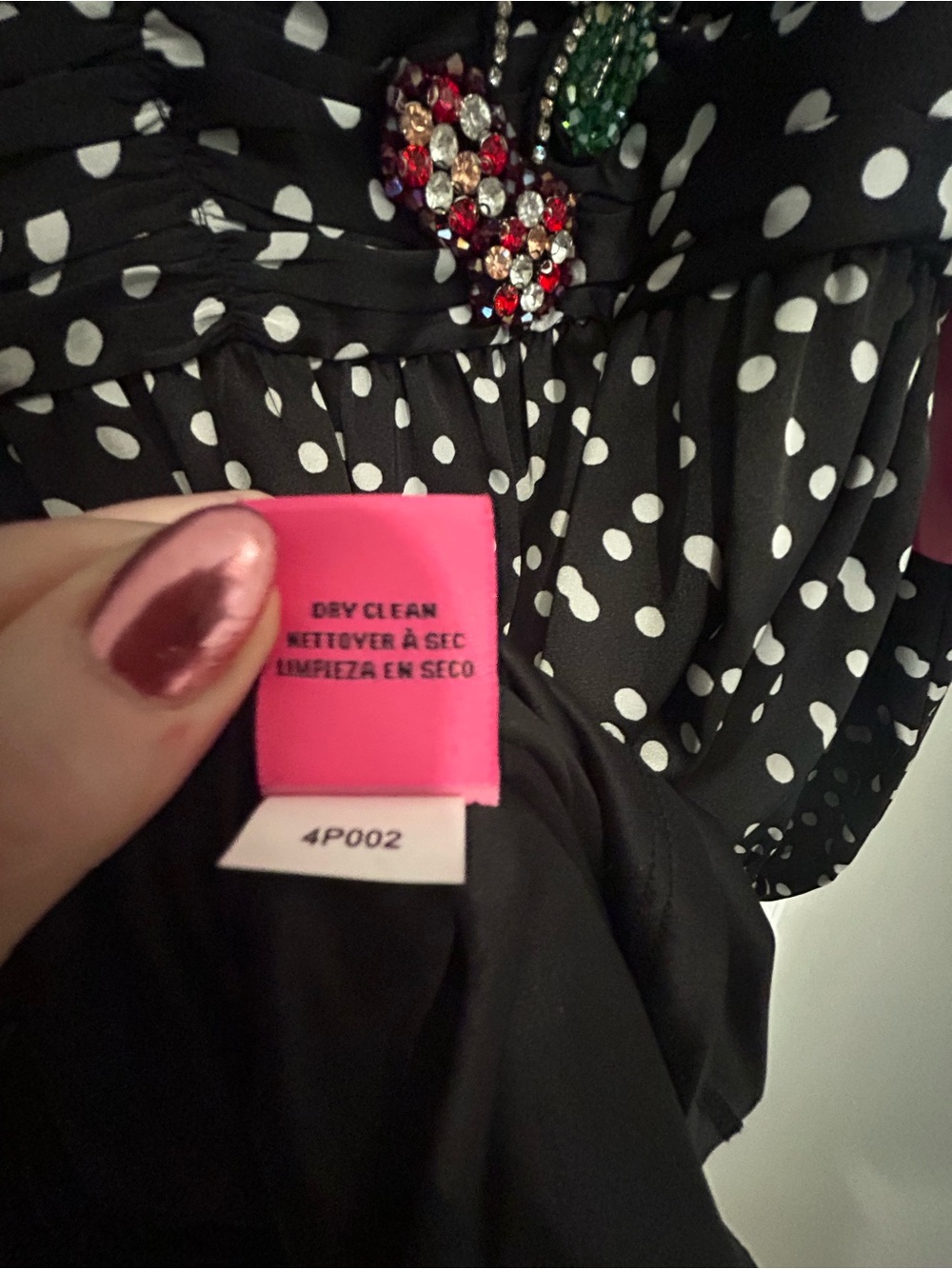 Betsey Johnson Black Polka Dot Dress with Cherry Rhinestone Detail, NWT, 12 - Picture 8 of 9